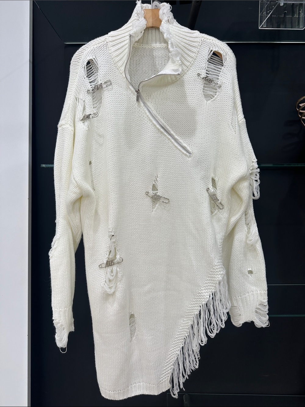Distressed White Fringe Knit Sweater with Zipper